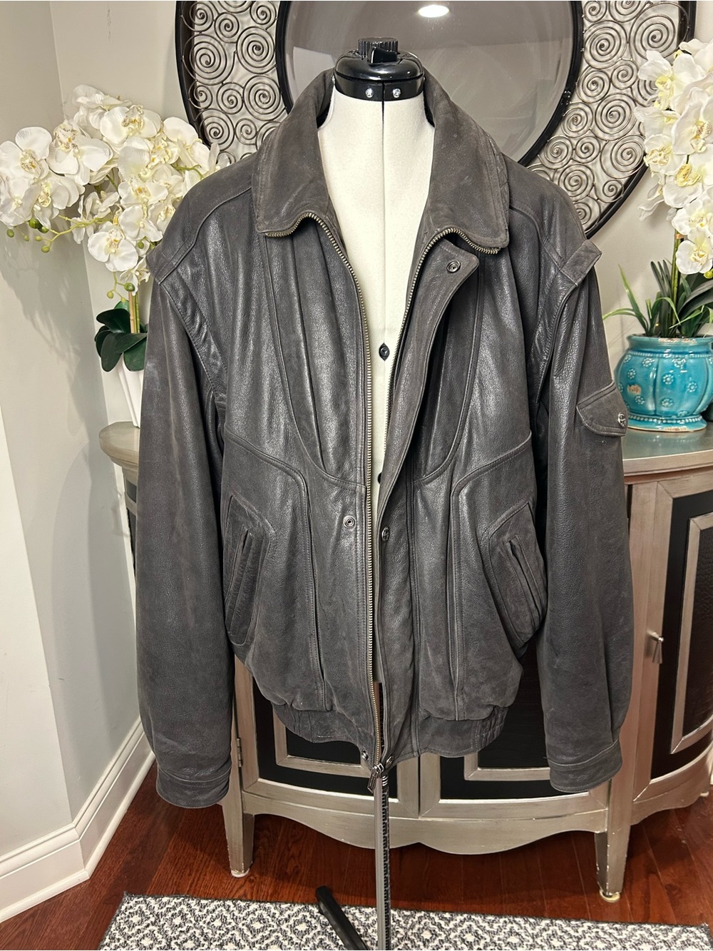 Wilson Men's Dark Gray Leather Bomber Jacket